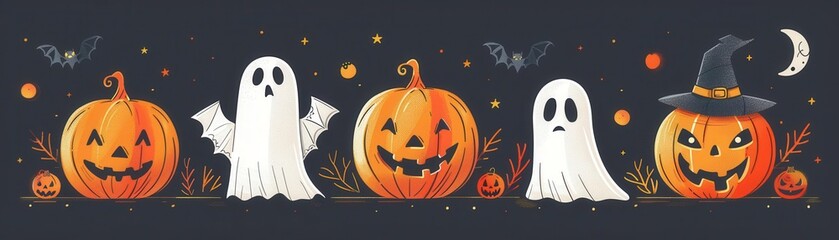 Halloween-themed illustration featuring ghosts and jack-o'-lanterns with bats and festive decorations on a dark background.