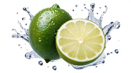 Natural fresh lime with sliced and water droplets isolated on white background.