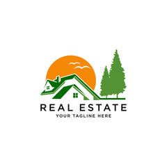 Home vector logo template with pine trees and sun background