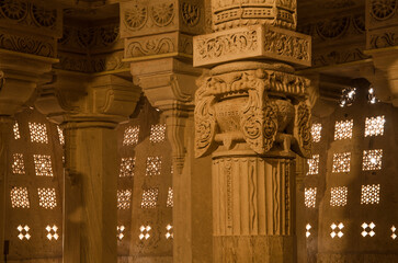 Interior of Parshwanath Jain Temple at Lodurva, The temple is built with yellow limestone and...