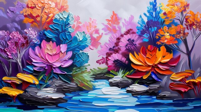 Vibrant impressionist painting of a colorful floral and rocky landscape by a serene water stream.