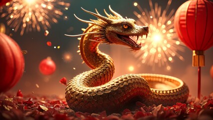 Obraz premium A majestic golden snake gracefully coiled amidst a backdrop of colorful fireworks lighting up the night sky. The scene is adorned with traditional red and gold Chinese decorations and lanterns.
