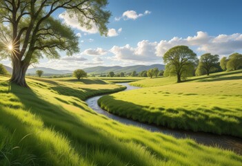 Naklejka premium Peaceful River Valley with Sunlit Grass and Trees