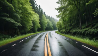 Obraz premium Rainy Road Through a Forest