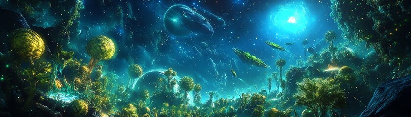 A vibrant worms-eye view of a futuristic culinary spaceship