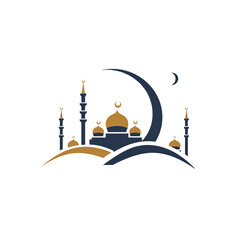 Silhouette of a Mosque with a Crescent Moon and Hills, generative ai image