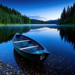 Obraz premium A serene canoe floats quietly on a tranquil lake surrounded by lush trees, reflecting the beauty of nature at dawn.