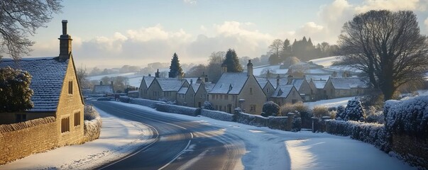 A group of friends taking a scenic winter road trip through the Cotswolds, England, with picturesque villages and rolling hills