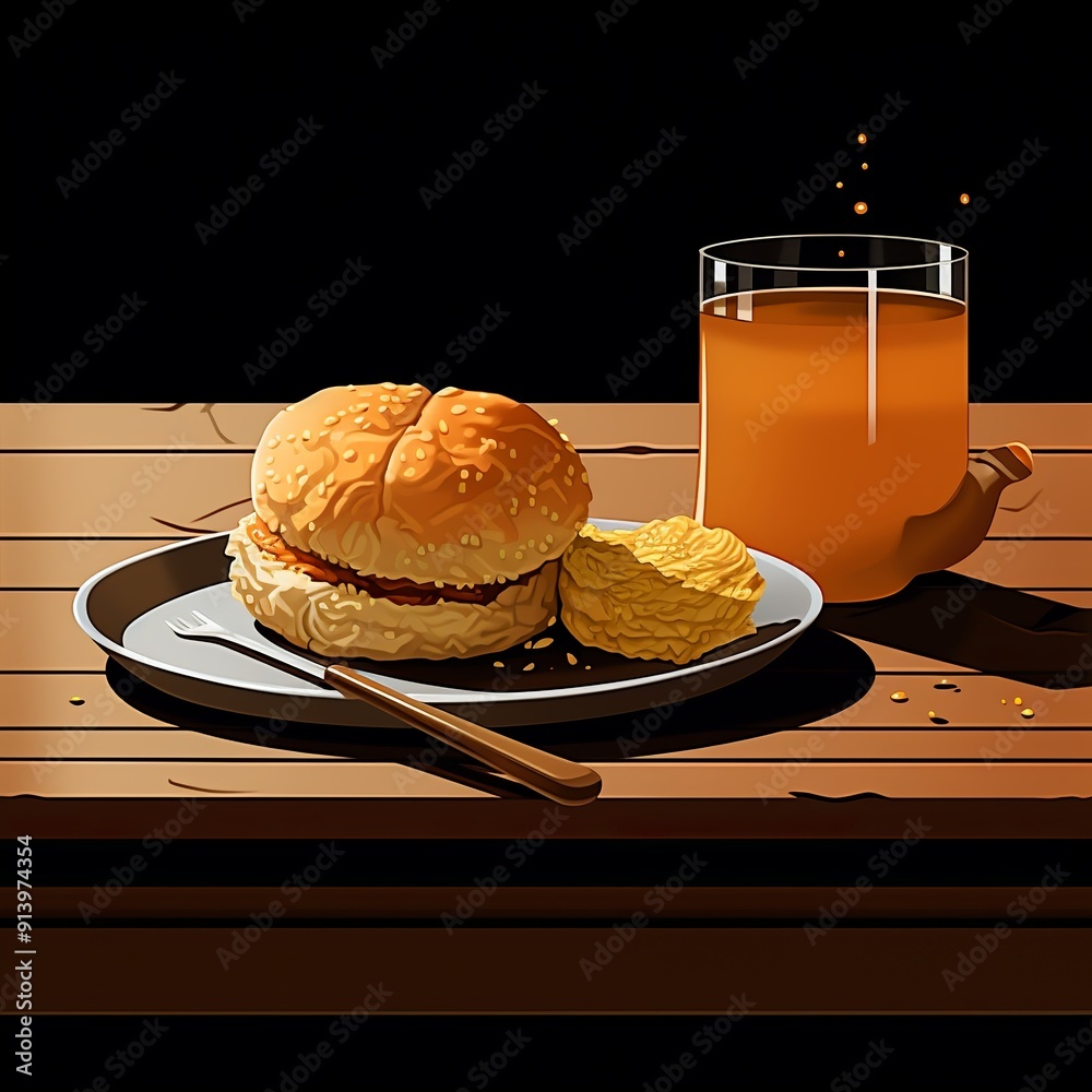 Wall mural illustration of indian vada pav tea on an old table in the style, generative ai