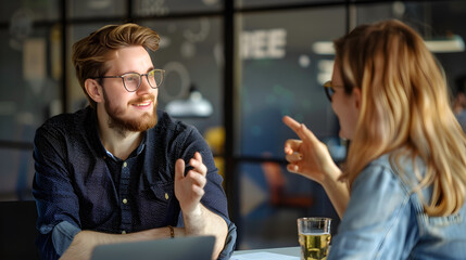 Professional salesperson giving a persuasive presentation to a potential client in a stylish office setting.