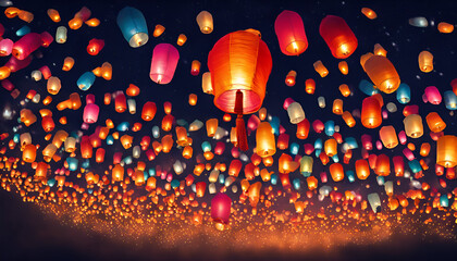 Colorful Festival Lanterns Floating in Night Sky with Warm Glow - Photorealistic Event Photography