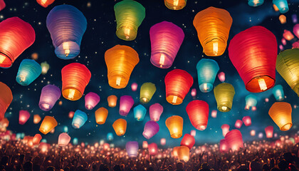 Colorful Festival Lanterns Floating in Night Sky with Warm Glow - Photorealistic Event Photography