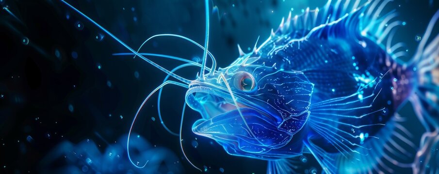 Mysterious deep-sea anglerfish with bioluminescence, 4K hyperrealistic photo