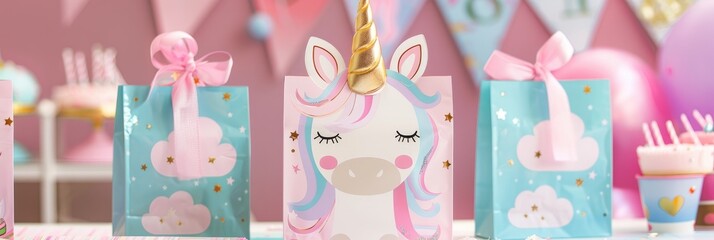 Unicorn themed party bags for a young girl s birthday celebration
