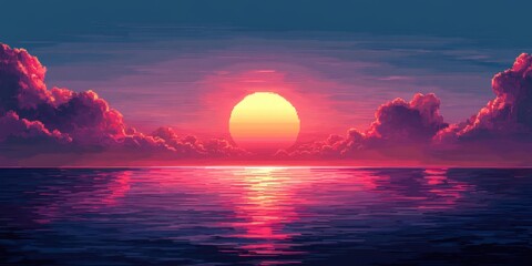 Fototapeta premium Dreamy Ocean Sunset Pixel Art: 4K Anime-Inspired Wallpaper with Pink Clouds and Serene Seascape. Enchanting Digital Landscape Blending Pixel Aesthetics and Anime Style for Creative Marketing, Game Bac