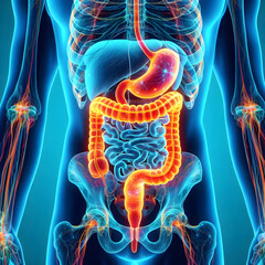 Detailed Neon Digestive System Illustration Skeletal Overlay on a Blue Background