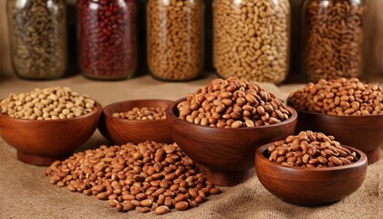 Obraz premium Variety of nuts in wooden bowls, close-up, with different types and textures, emphasizing healthy food choices