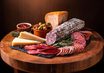 Still life scene. A circular wooden tray with some delicatessen such as olives, traditional cheese, sausage, salami and chili sauce