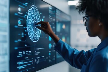 Scientist analyzing brain scan data on a futuristic touchscreen interface in a lab, showcasing advanced medical and technological research.