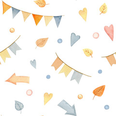 Watercolor seamless pattern with party paper flags, arrows and hearts. Kids festive background. Cartoon cute elements in pastel colors