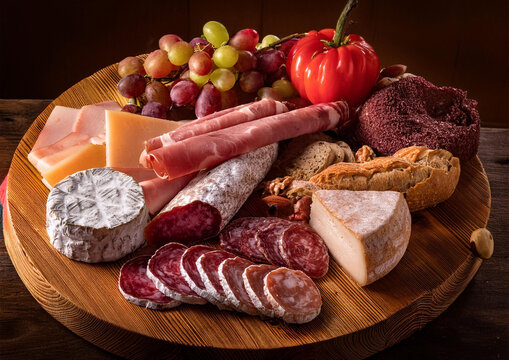 Tabla circular con una exposici&oacute;n de embutidos y quesos ib&eacute;ricos adornados con frutas y vegetales sobre una bandeja de madera circular a modo de bodeg&oacute;n