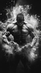 A dynamic black and white image of a muscular figure breaking through a barrier, powder exploding around them, symbolizing strength and power