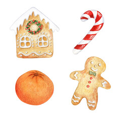 Watercolor Christmas illustrations in cartoon style. Cute snowman. gingerbread a nd Christmas tree for sweet holidays vibe