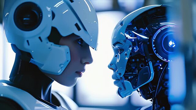 Science fiction scene of a human and a futuristic android robot standing next to each other and looking into eyes.