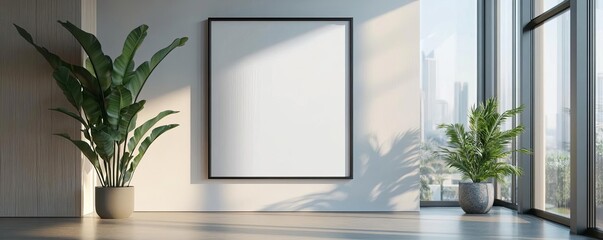 A minimalist interior with a large blank picture frame on a wall, natural light flooding in through tall windows, and a potted plant in the corner