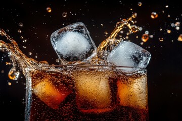 Pouring of Cola and Ice. Cola soda and ice splashing fizzing or floating up to top of surface. with generative ai