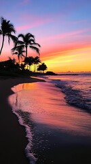 Fototapeta premium A serene beach at sunset with gentle waves, silhouetted palm trees, and vibrant colors in the sky