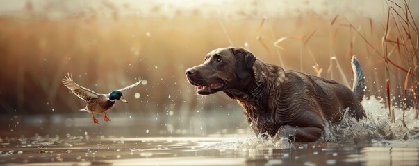 Loving Labrador Retriever retrieving a duck during a hunting trip, 4K hyperrealistic photo