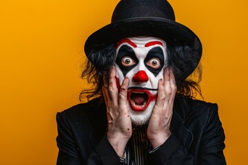 Man dressed as a clown with dramatic makeup and shocked expression, holding his face, set against an orange background