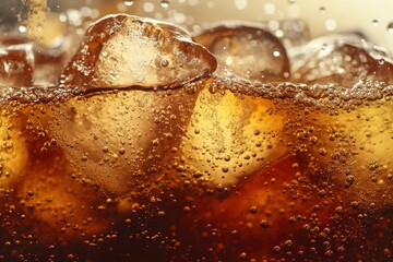 Pouring of Cola and Ice. Cola soda and ice splashing fizzing or floating up to top of surface. with generative ai