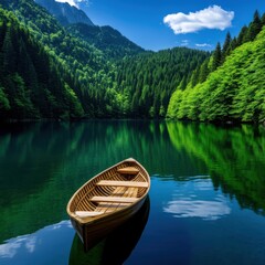 Obraz premium A serene wooden boat floating on a crystal-clear lake surrounded by lush green forests and majestic mountains under a bright sky.