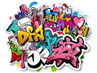 Vibrant Streetwear Graffiti Sticker Design with Bold Colorful Patterns and Typographic Elements