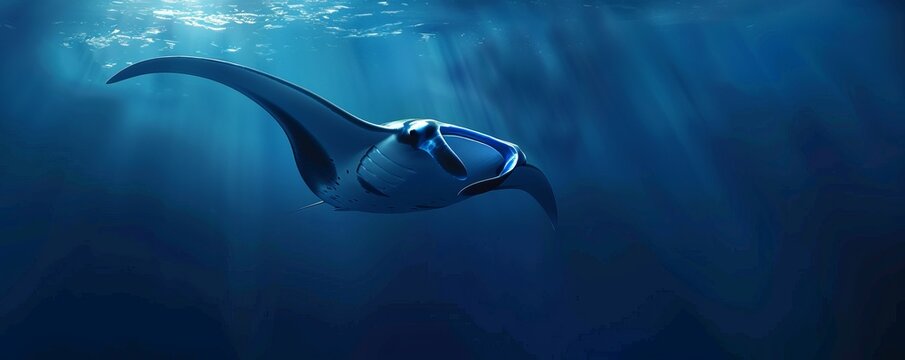 Graceful manta ray in a deep blue sea, 4K hyperrealistic photo