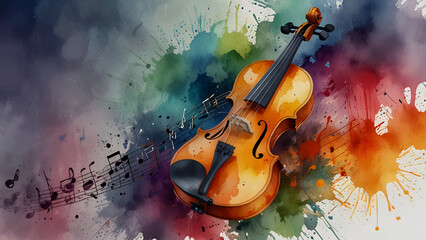 Fototapeta premium Watercolor style ai artwork of colorful abstract music background with violin and musical notes. 