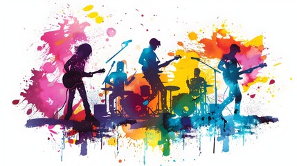 Retro Music Festival Poster with Colorful Splash Effect and Silhouette Band