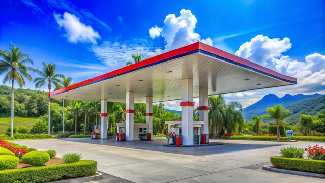 A modern Pertamina gas station stands amidst lush greenery and blue skies in Ponorogo, East Java, Indonesia, offering fuel and convenience to travelers.