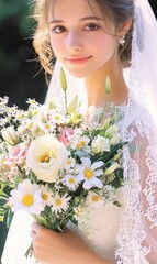 Naklejka premium Bride Holding Colorful Flower Bouquet on Sunny Wedding Day