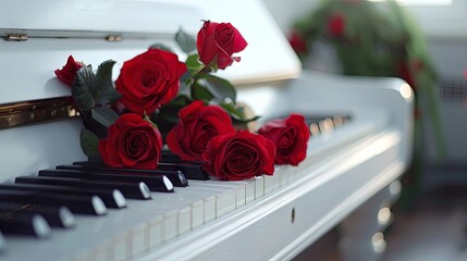 Red roses on the piano after the concert