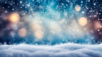 Naklejka premium Snowfall background with gentle light and bokeh effects, evoking a tranquil, enchanting winter scene. Perfect for christmas and winter background design