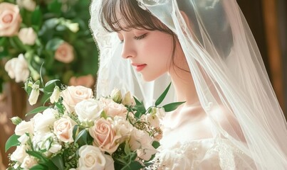 Naklejka premium Elegant Bride With Pastel Roses and Greenery in Natural Light