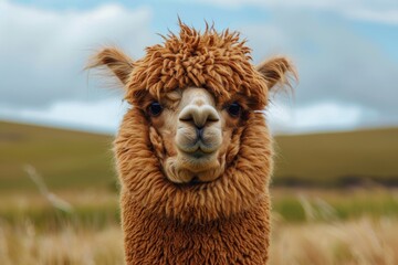 Obraz premium An adorable alpaca with a big grin and a soft, fluffy coat, exuding pure joy.