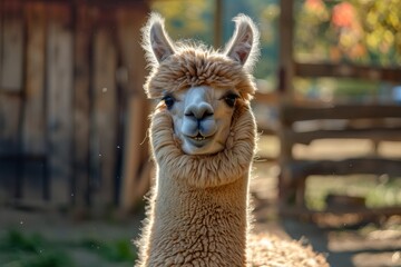 Obraz premium An adorable alpaca with a joyful grin and a soft, fluffy coat, looking directly at the camera.