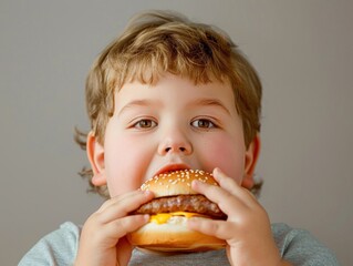 Young Child Enjoying a Juicy Hamburger With Cheese During a Fun Meal Time at Home