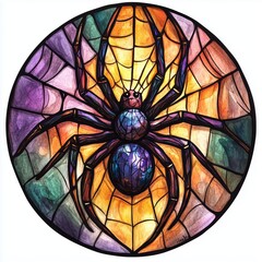 Spiderweb Stained Glass Fantasy with Watercolor Clipart on White Background