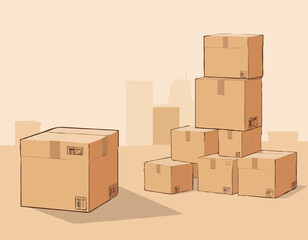 Background with stacked boxes for home or office moving, warehouse, shipping and selling
