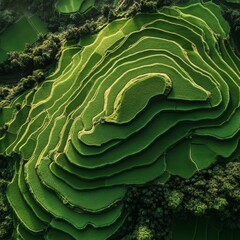 Fototapeta premium Breathtaking Aerial View of Vast Rice Paddy Fields: 4K Anime-Inspired Wallpaper. Lush Green Spring Landscape for Creative Marketing, Agricultural Packaging, and Atmospheric Illustrations in Vibrant An